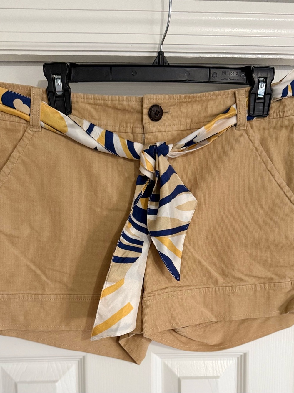 Lilly Pulitzer Tan Shorts with Navy and Yellow Striped Scarf Tie
